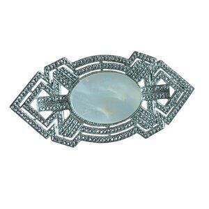 Large Silver Marcasite Mother of Pearl Brooch Vintage Ladies Pin